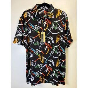 Swing Juice‎ Mens Golf UPF 50+ Polo Shirt Medium Black Abstract 90s Print NWT